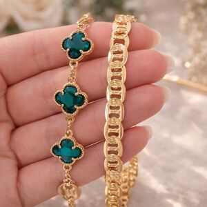 Gold bracelet set, green clover with mariners link bracelet duo, hypoallergenic
